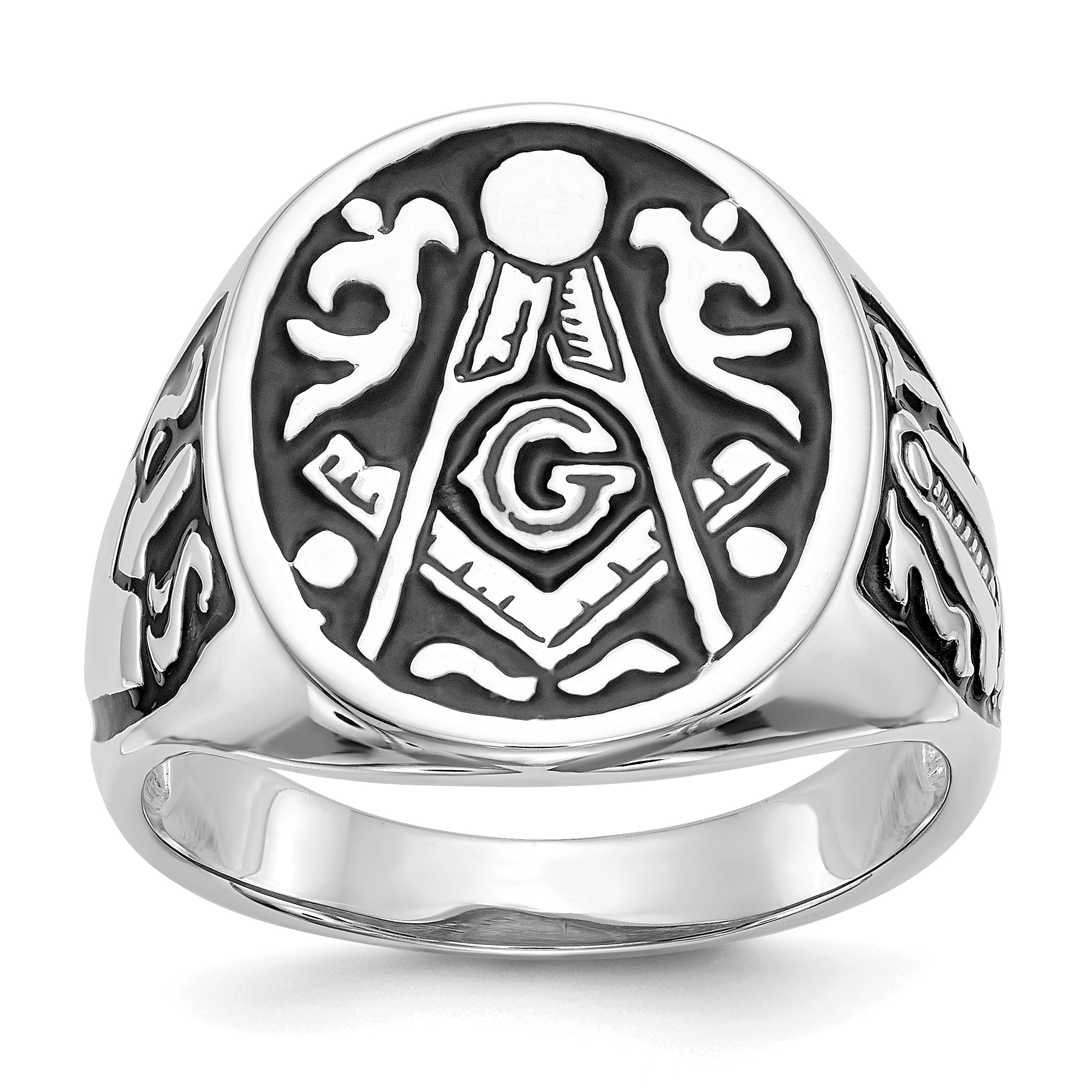 14k White Gold Men's Polished and Grooved with Black Enamel Masonic Ring Main image