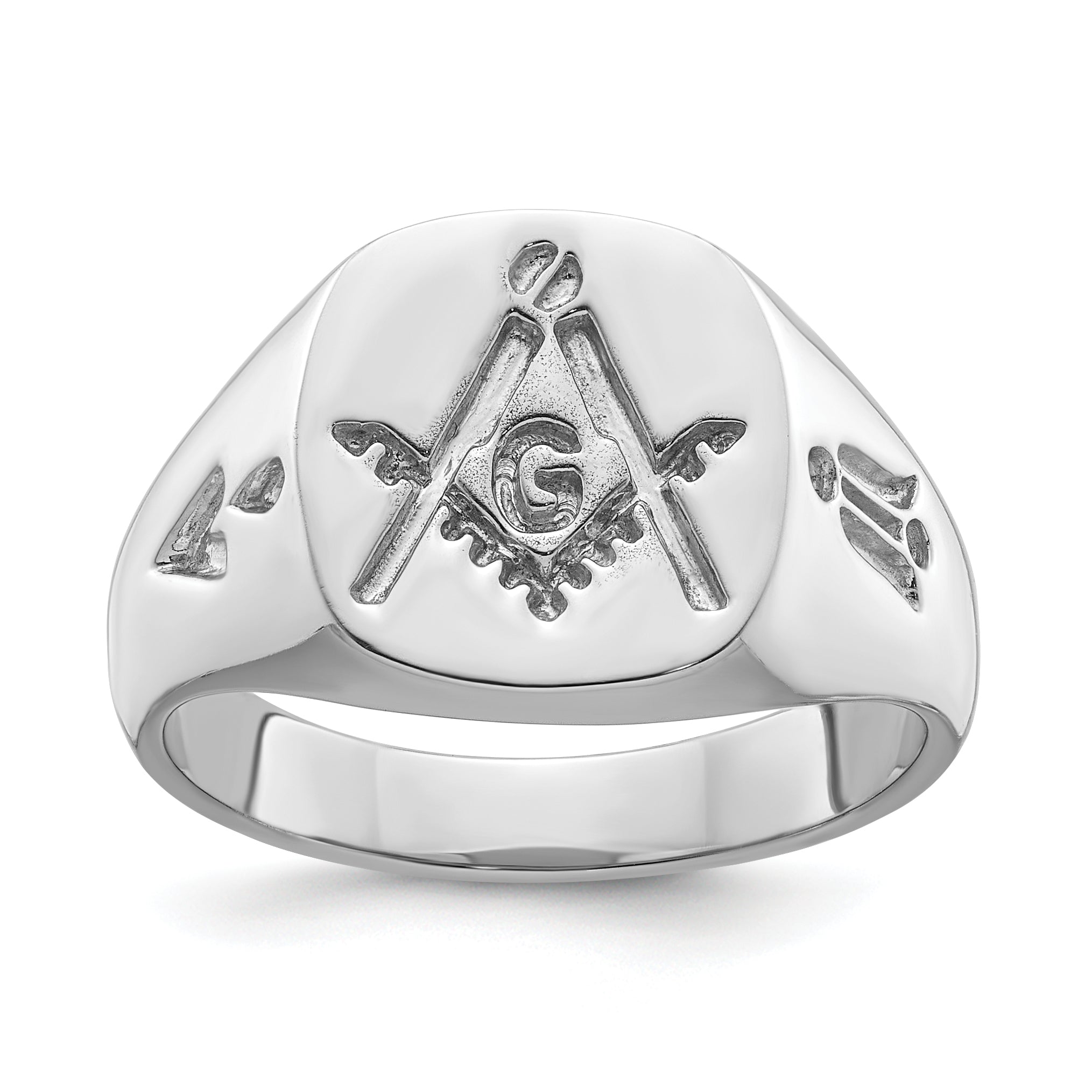 14k White Gold Men's Polished and Grooved (No Enamel) Masonic Ring Main image