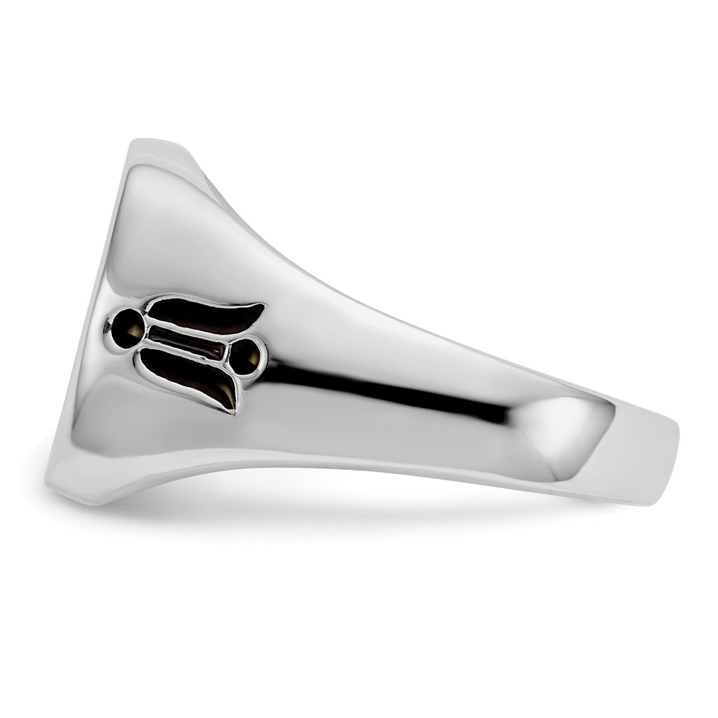 14k White Gold Men's Polished and Grooved with Black Enamel Masonic Ring