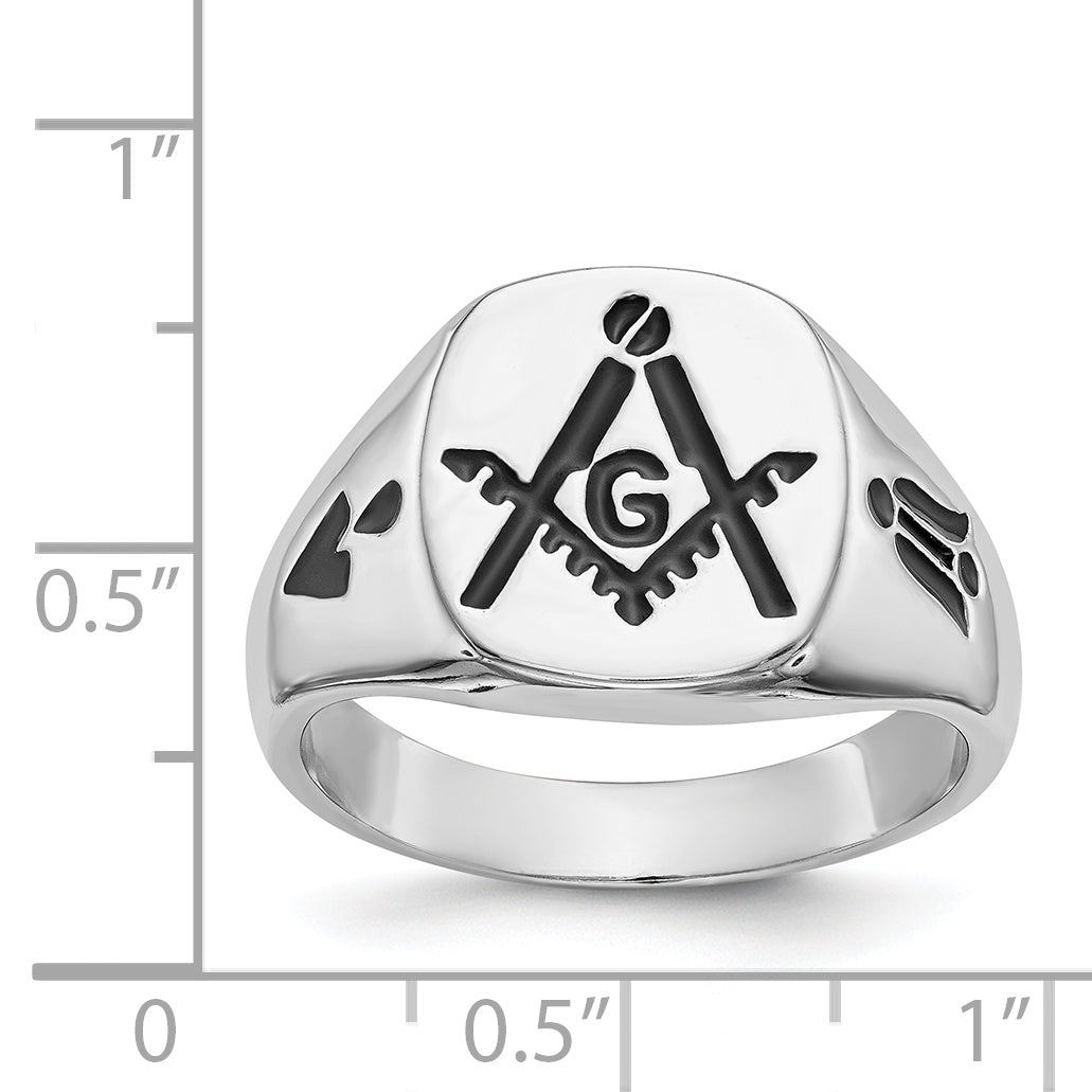 14k White Gold Men's Polished and Grooved with Black Enamel Masonic Ring