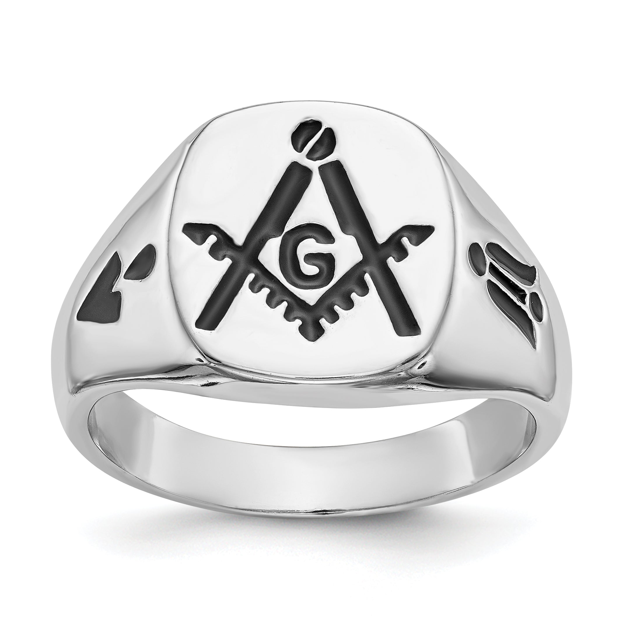 14k White Gold Men's Polished and Grooved with Black Enamel Masonic Ring Main image