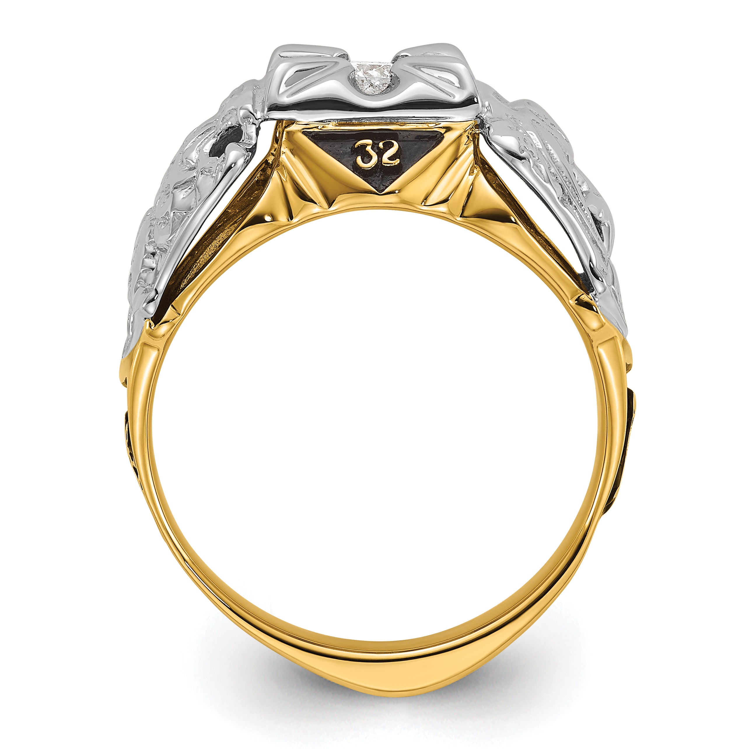 14k Two-tone Men's Polished and Textured with Black Enamel and AAA Quality Diamond Masonic Ring Secondary image
