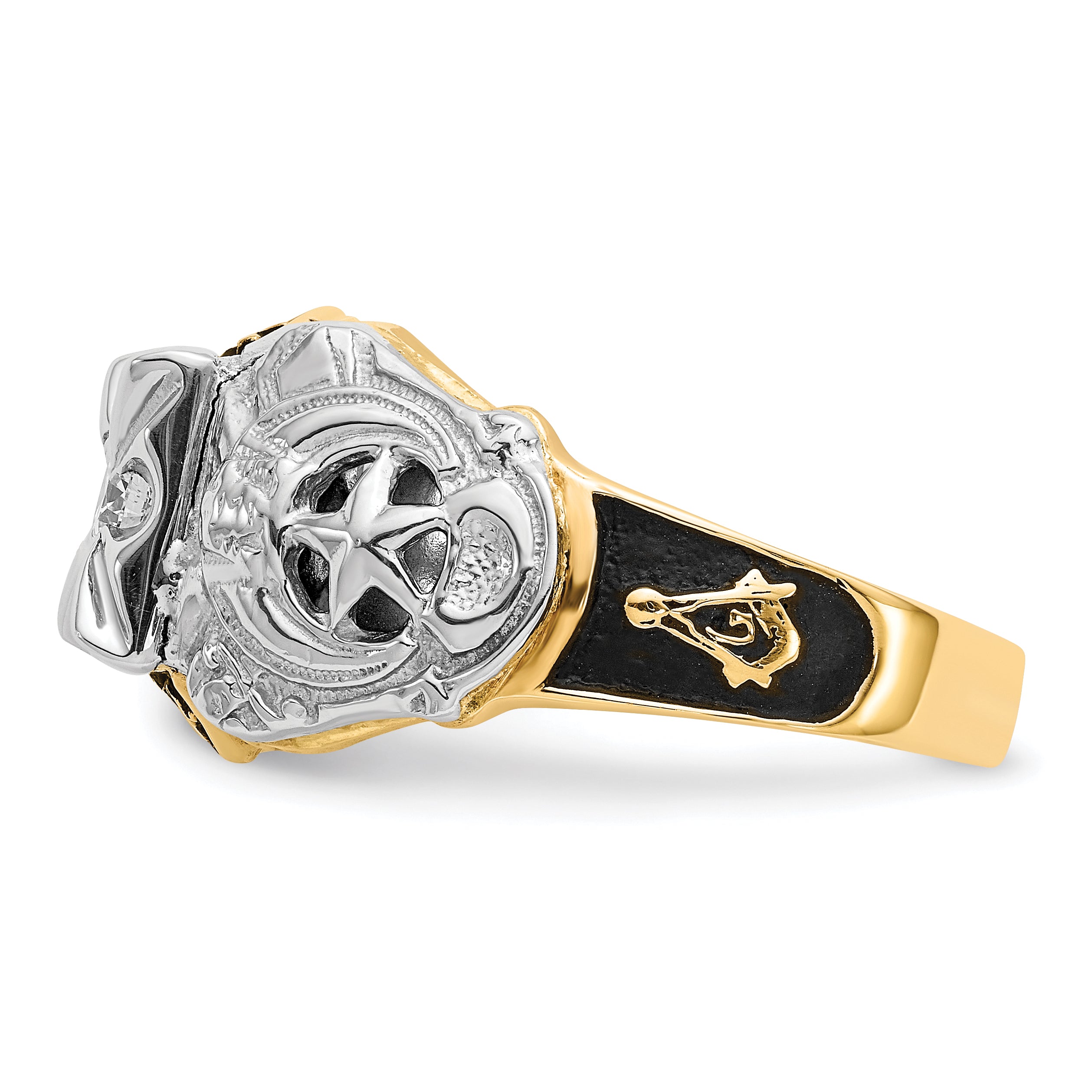 14k Two-tone Men's Polished and Textured with Black Enamel and AA Quality Diamond Masonic Ring