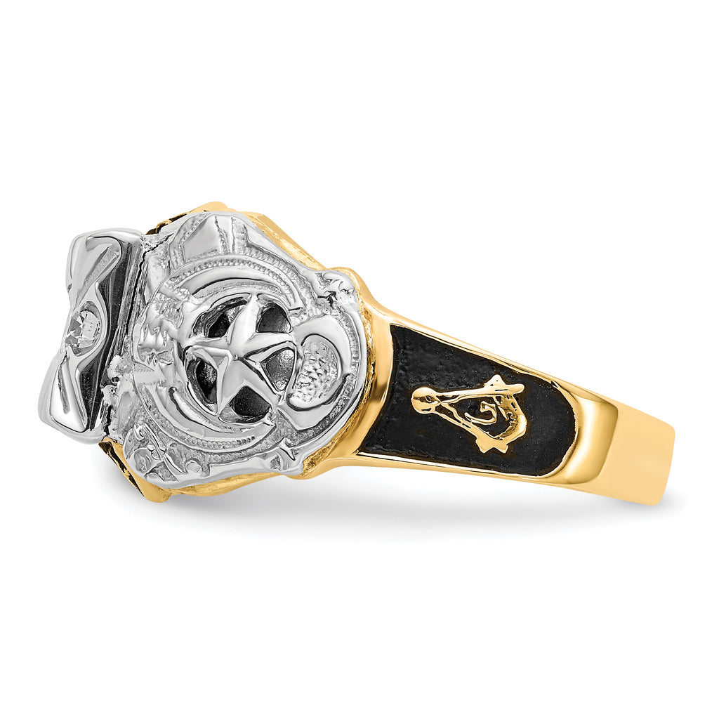 14k Two-tone Men's Polished and Textured with Black Enamel and A Quality Diamond Masonic Ring