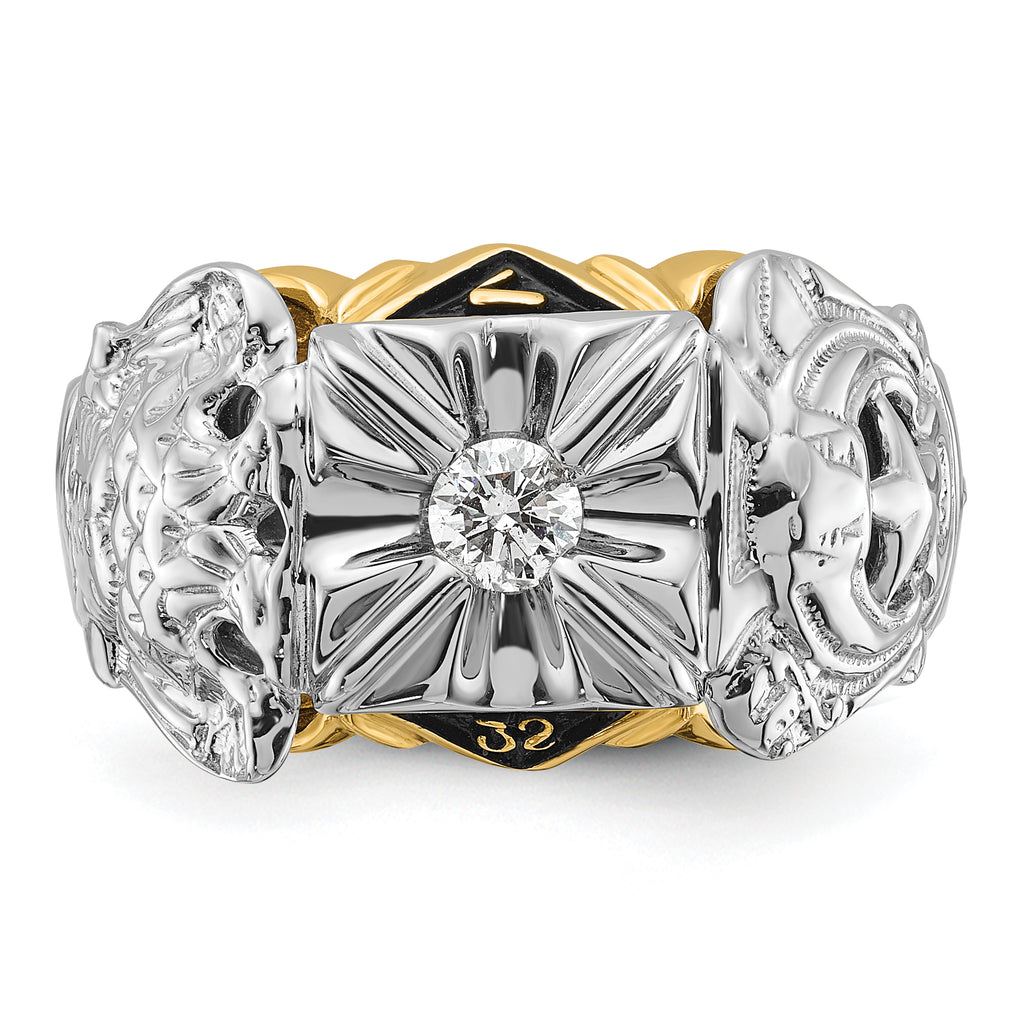 14k Two-tone Men's Polished and Textured with Black Enamel and VS Quality Diamond Masonic Ring