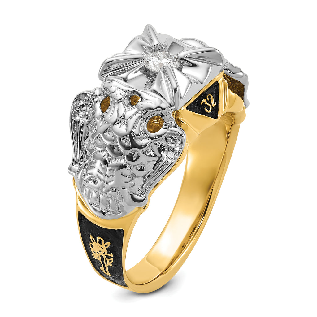 14k Two-tone Men's Polished and Textured with Black Enamel and AAA Quality Diamond Masonic Ring