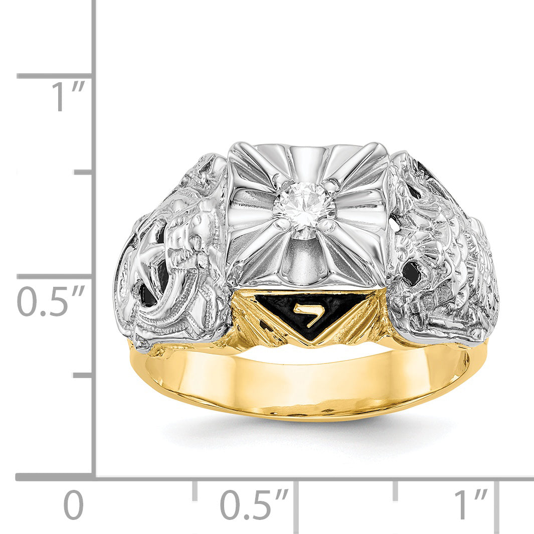 14k Two-tone Men's Polished and Textured with Black Enamel and VS Quality Diamond Masonic Ring