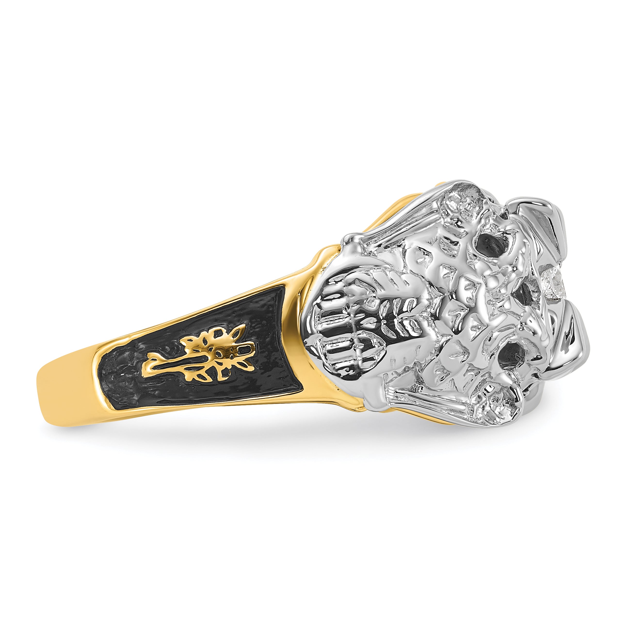 14k Two-tone Men's Polished and Textured with Black Enamel and AA Quality Diamond Masonic Ring