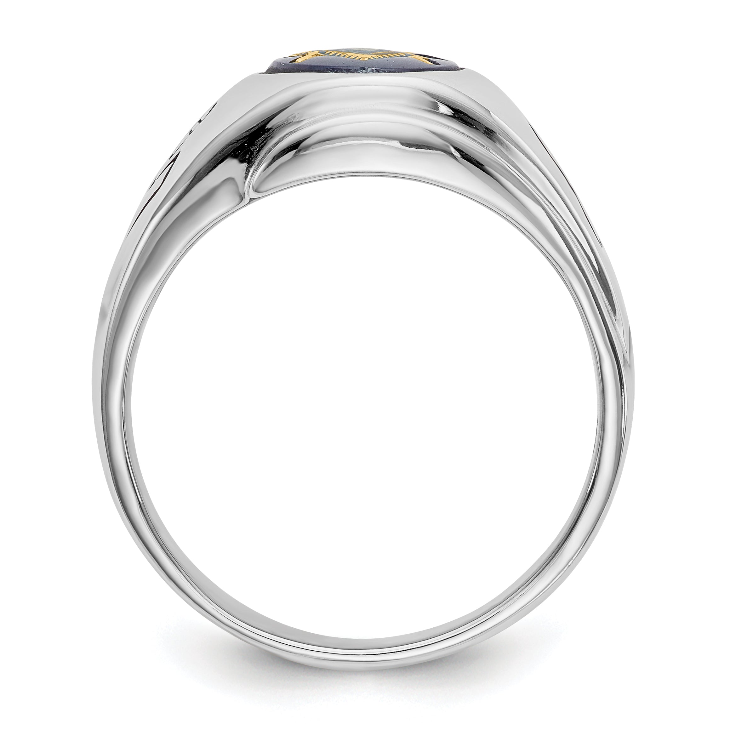 14k White Gold Men's Polished, Antiqued and Grooved with Imitation Blue Spinel Masonic Ring Secondary image