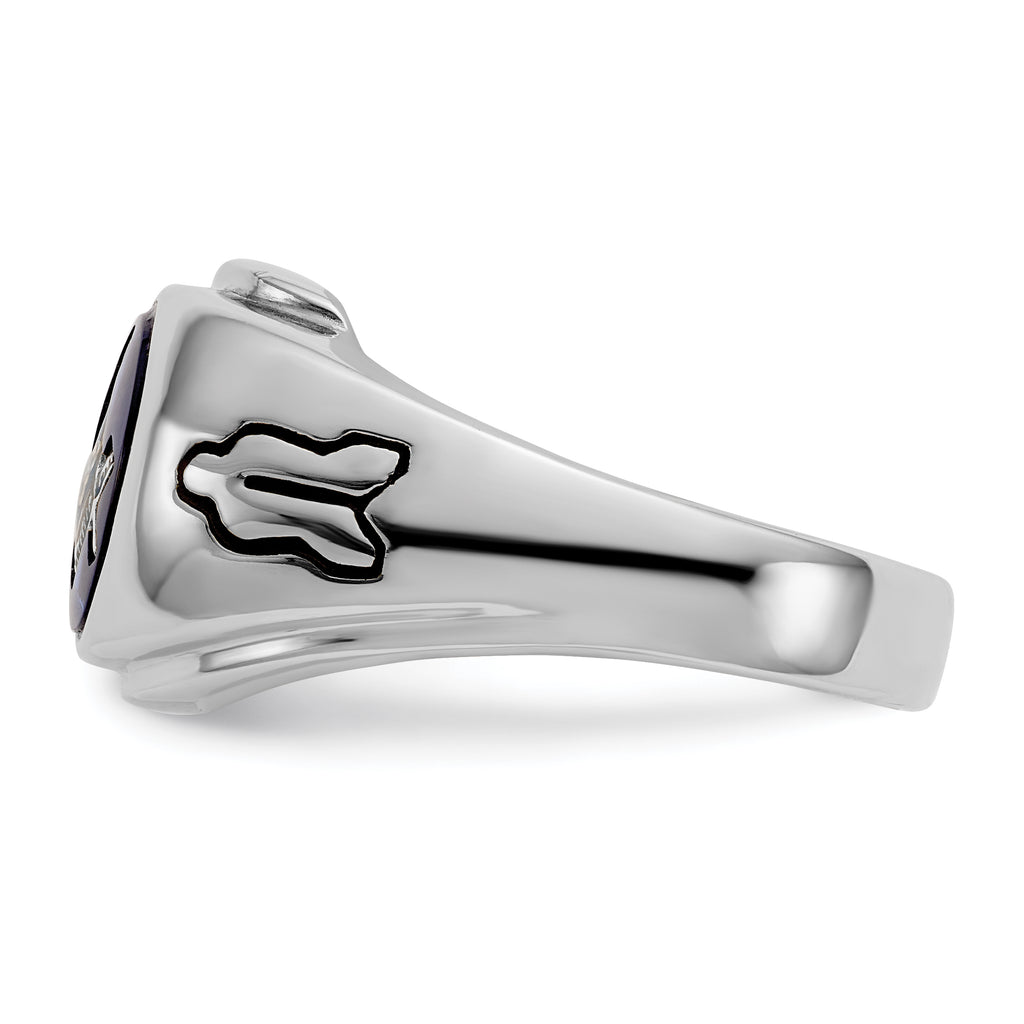 14k White Gold Men's Polished, Antiqued and Grooved with Imitation Blue Spinel Masonic Ring