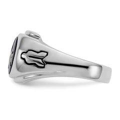 14k White Gold Men's Polished, Antiqued and Grooved with Imitation Blue Spinel Masonic Ring