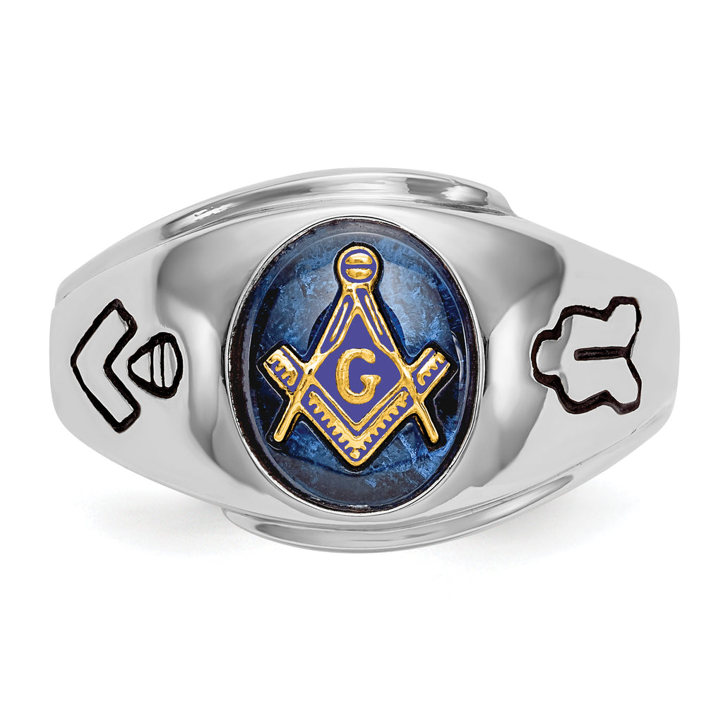 14k White Gold Men's Polished, Antiqued and Grooved with Imitation Blue Spinel Masonic Ring