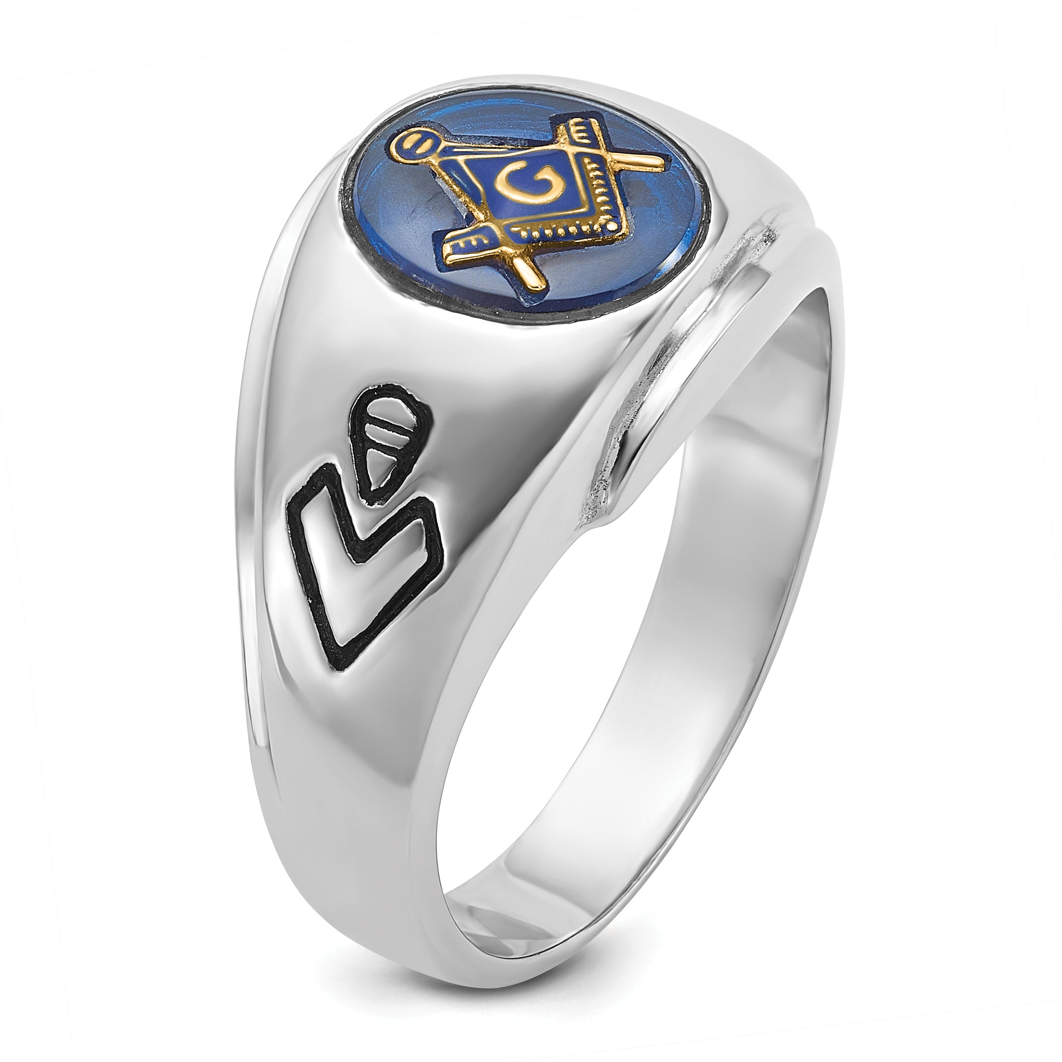14k White Gold Men's Polished, Antiqued and Grooved with Imitation Blue Spinel Masonic Ring