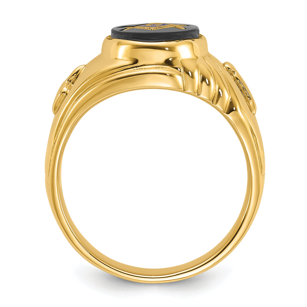 14k Men's Polished and Textured with Oval Onyx Masonic Ring