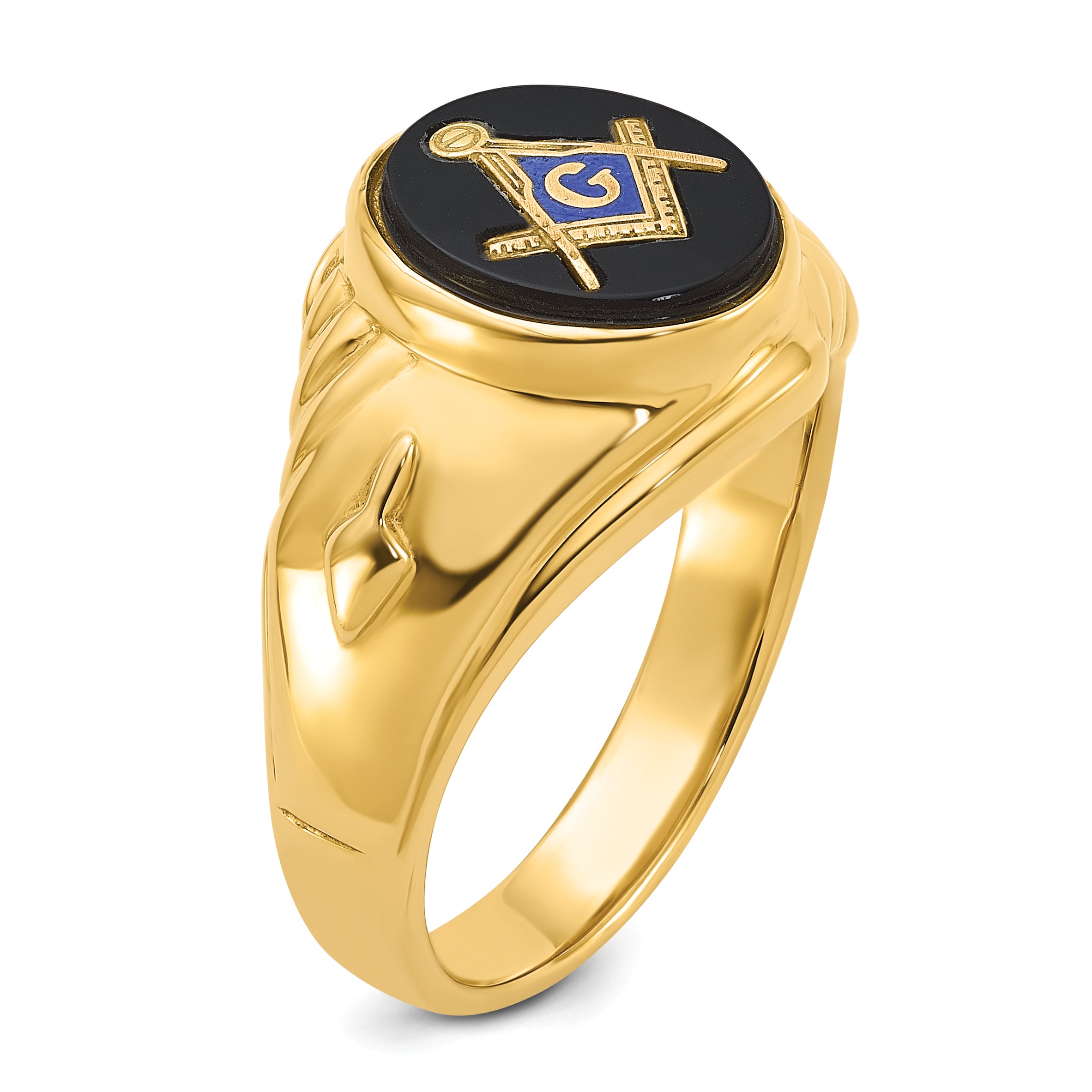 14k Men's Polished and Textured with Oval Onyx Masonic Ring