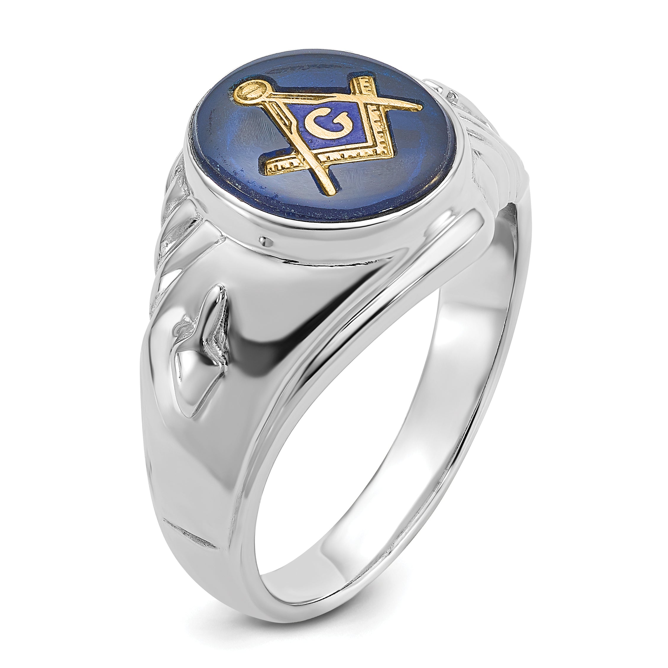14k White Gold Men's Polished and Textured with Imitation Blue Spinel Masonic Ring
