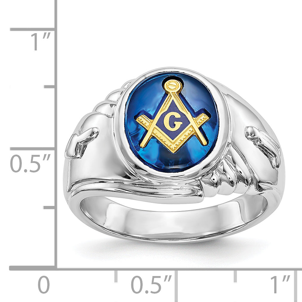 14k White Gold Men's Polished and Textured with Imitation Blue Spinel Masonic Ring