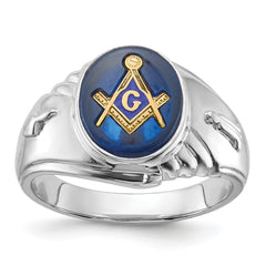 14k White Gold Men's Polished and Textured with Imitation Blue Spinel Masonic Ring