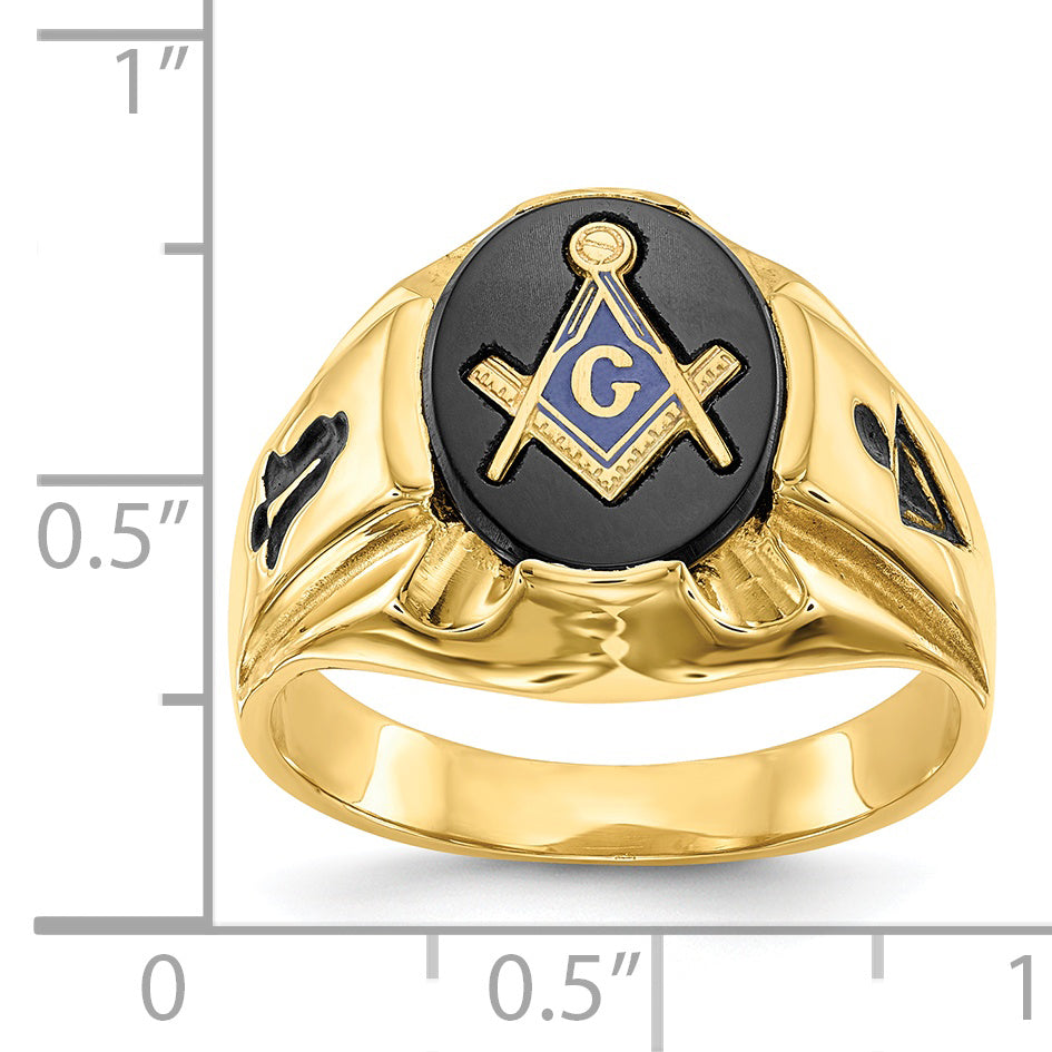 14k Men's Polished, Antiqued and Grooved with Oval Onyx Masonic Ring