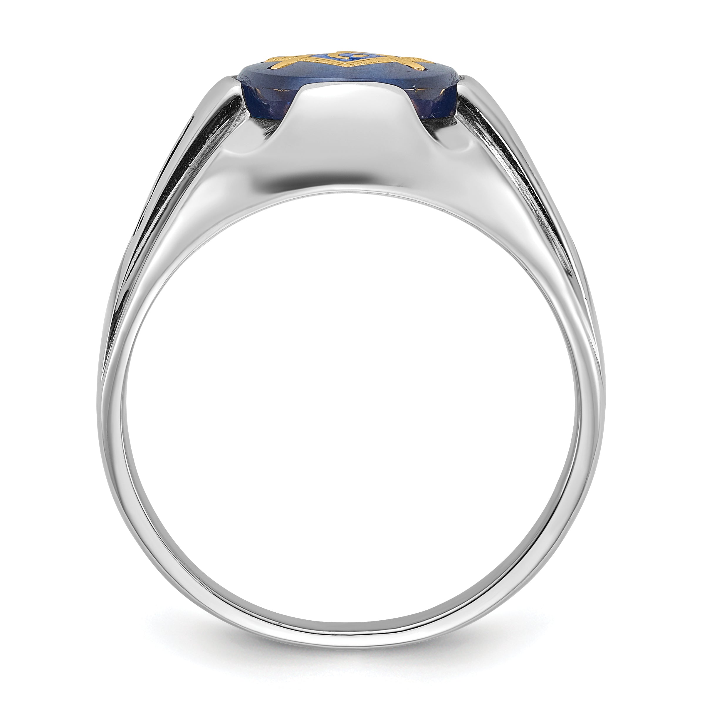 14k White Gold Men's Polished, Antiqued and Grooved with Imitation Blue Spinel Masonic Ring Secondary image