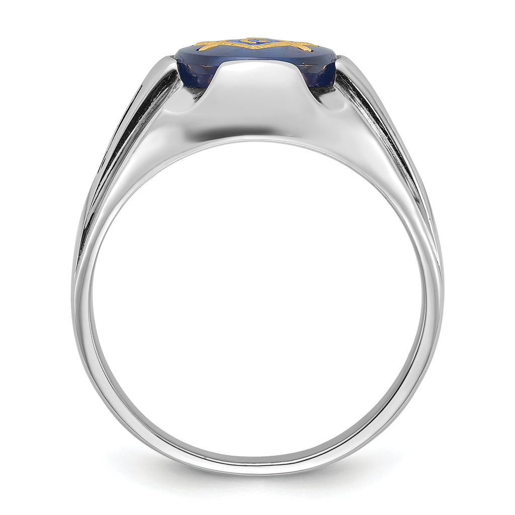 14k White Gold Men's Polished, Antiqued and Grooved with Imitation Blue Spinel Masonic Ring