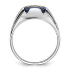 14k White Gold Men's Polished, Antiqued and Grooved with Imitation Blue Spinel Masonic Ring