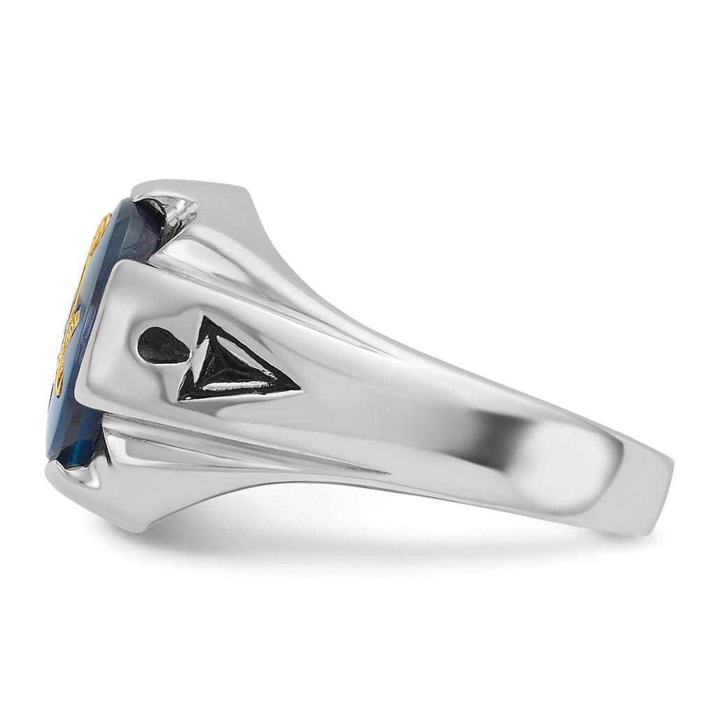 14k White Gold Men's Polished, Antiqued and Grooved with Imitation Blue Spinel Masonic Ring