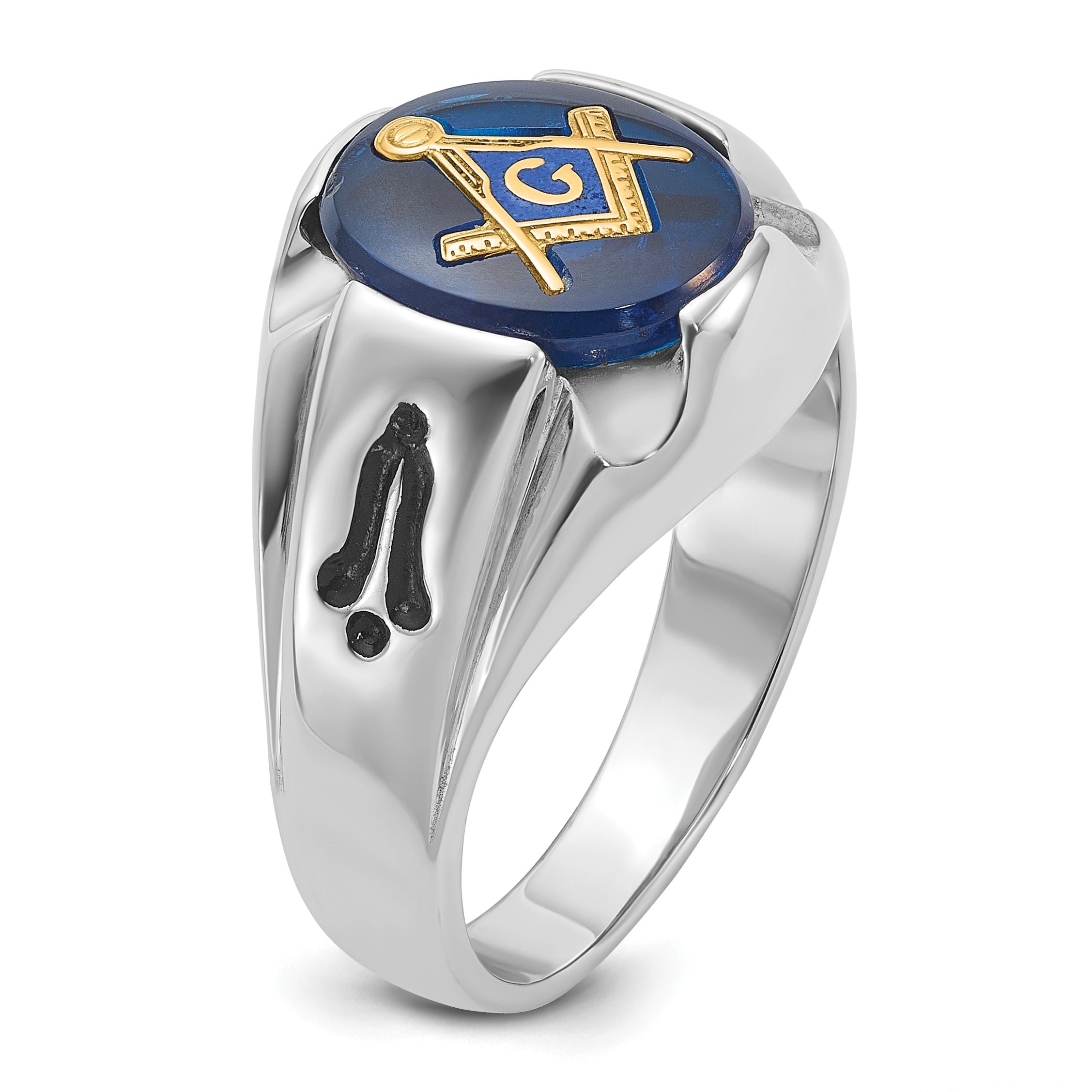 14k White Gold Men's Polished, Antiqued and Grooved with Imitation Blue Spinel Masonic Ring