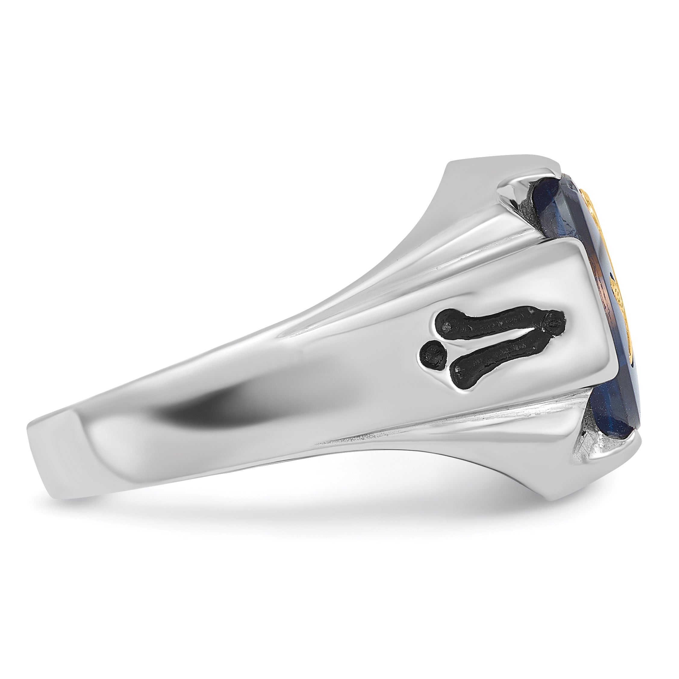 14k White Gold Men's Polished, Antiqued and Grooved with Imitation Blue Spinel Masonic Ring