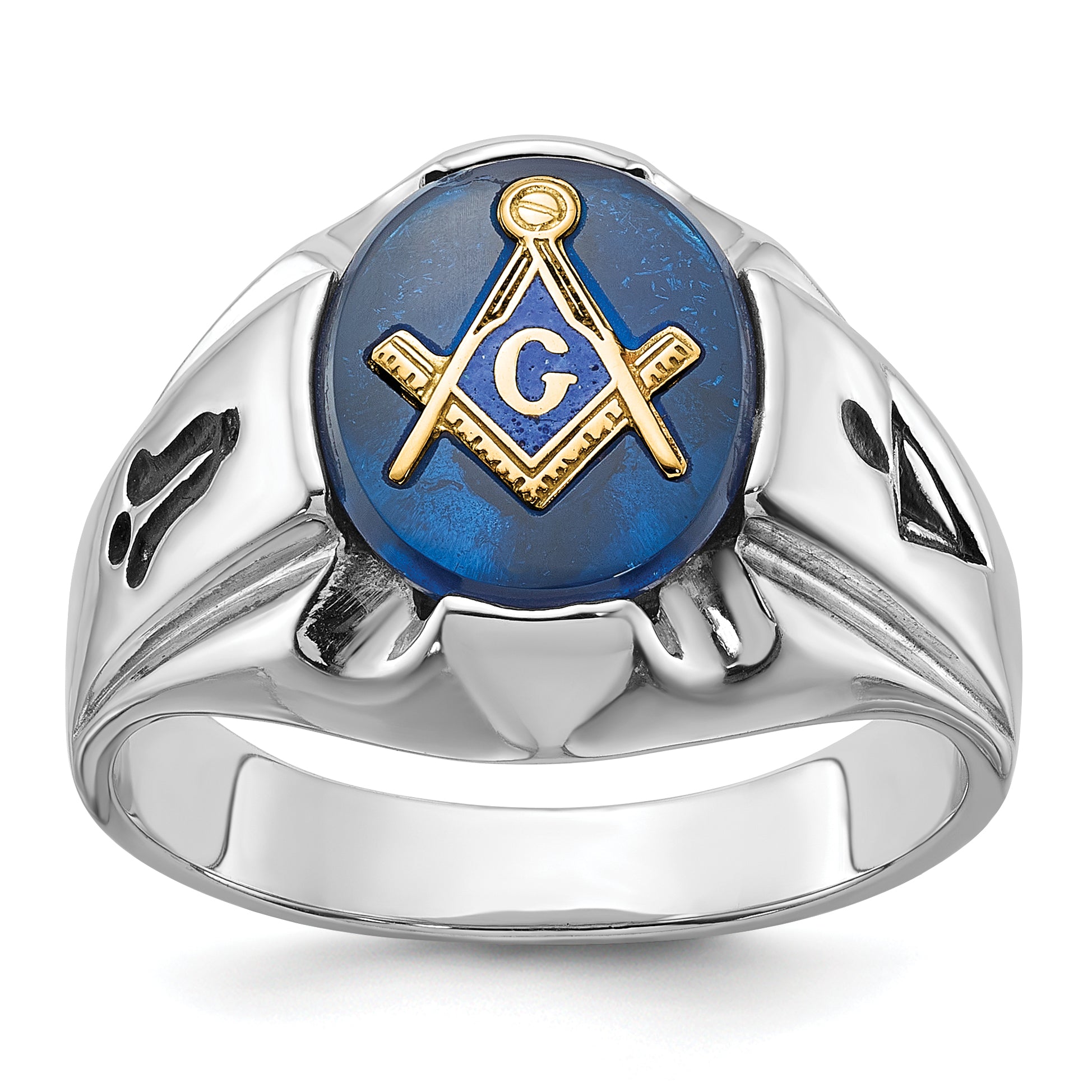 14k White Gold Men's Polished, Antiqued and Grooved with Imitation Blue Spinel Masonic Ring Main image