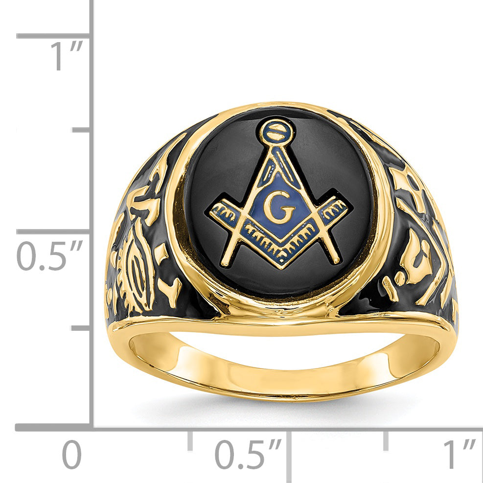 14k Men's Polished and Textured with Black Enamel and Oval Onyx Masonic Ring