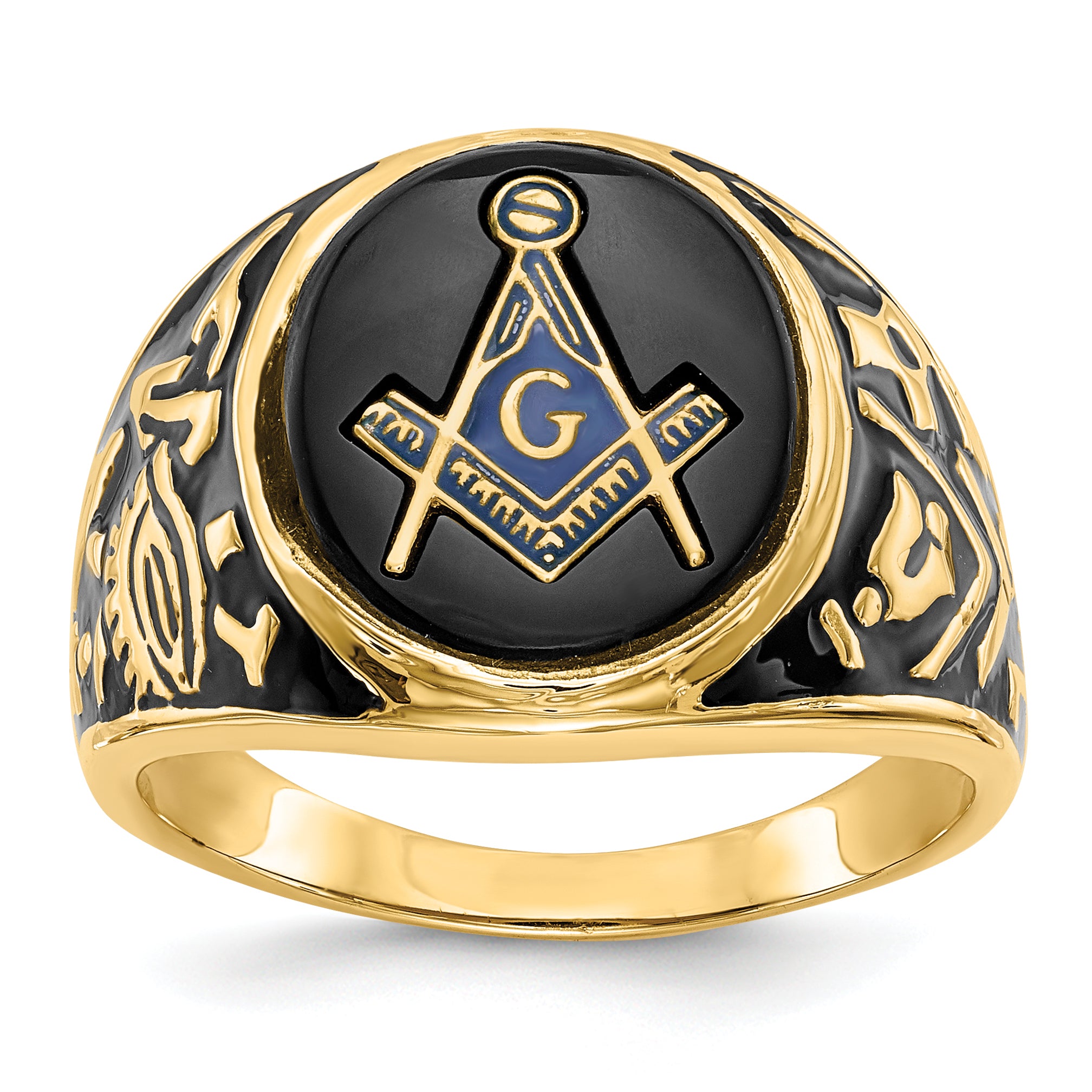 14k Men's Polished and Textured with Black Enamel and Oval Onyx Masonic Ring Main image