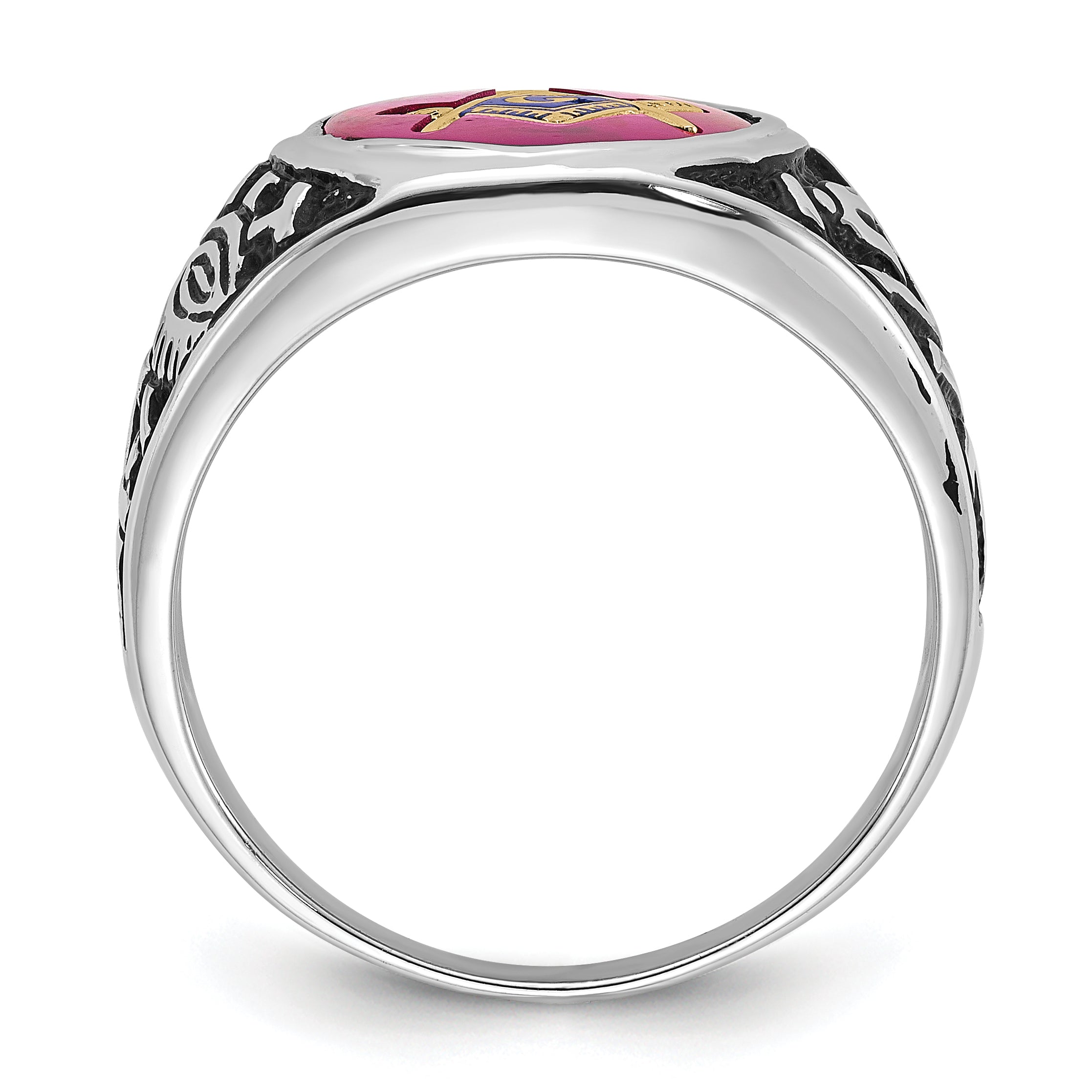 14k White Gold Men's Polished, Antiqued and Textured with Lab Created Ruby Masonic Ring Secondary image
