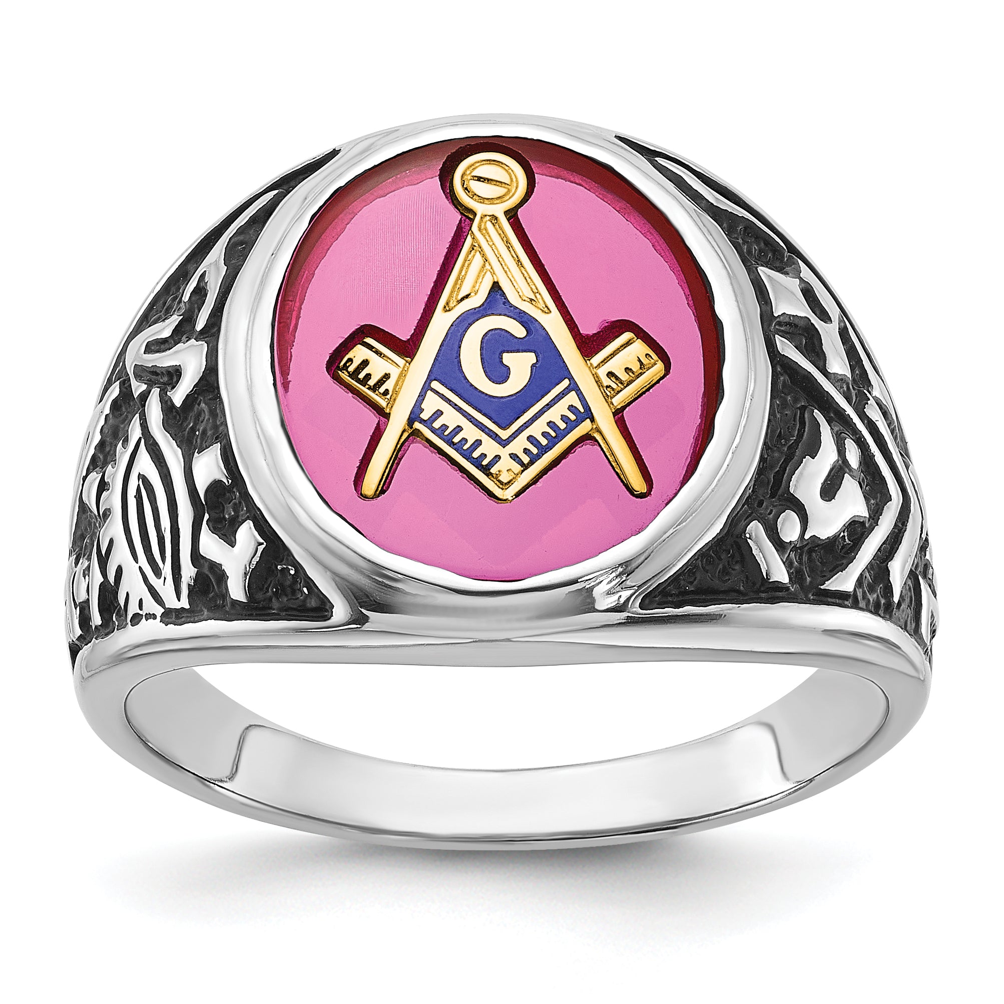 14k White Gold Men's Polished, Antiqued and Textured with Lab Created Ruby Masonic Ring Main image