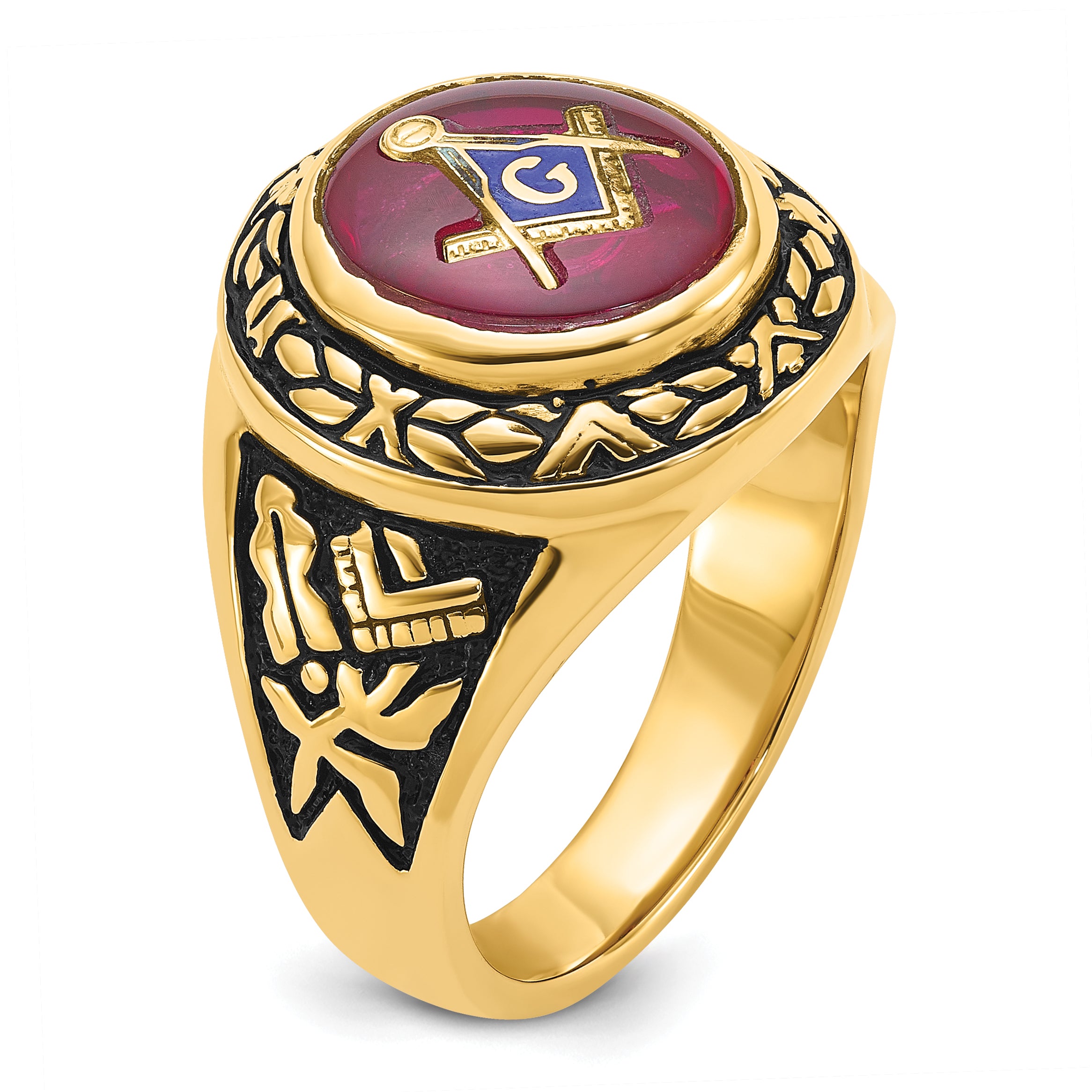 14k Men's Polished, Antiqued and Textured with Lab Created Ruby Masonic Ring