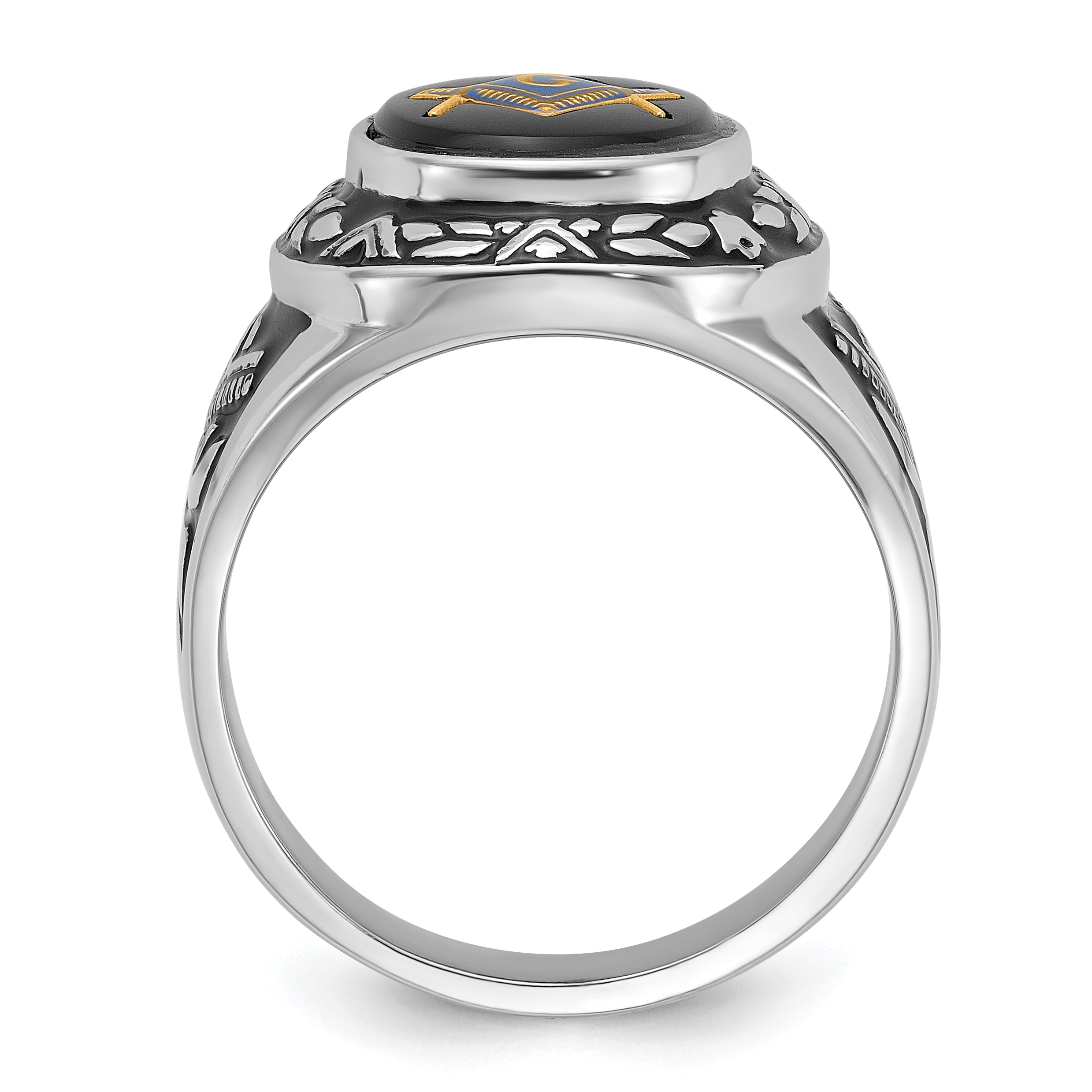 14k White Gold Men's Polished, Antiqued and Textured with Oval Onyx Masonic Ring Secondary image