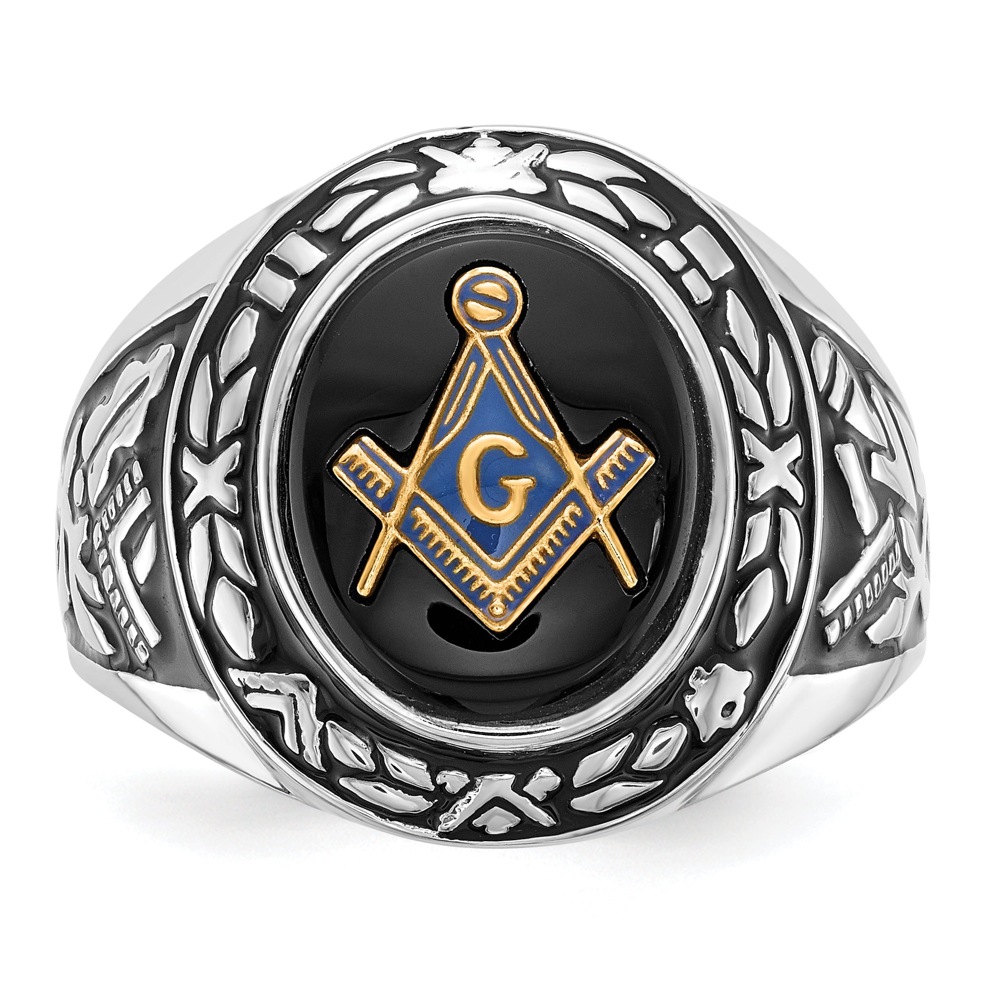 14k White Gold Men's Polished, Antiqued and Textured with Oval Onyx Masonic Ring