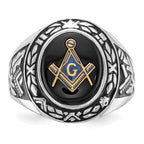14k White Gold Men's Polished, Antiqued and Textured with Oval Onyx Masonic Ring