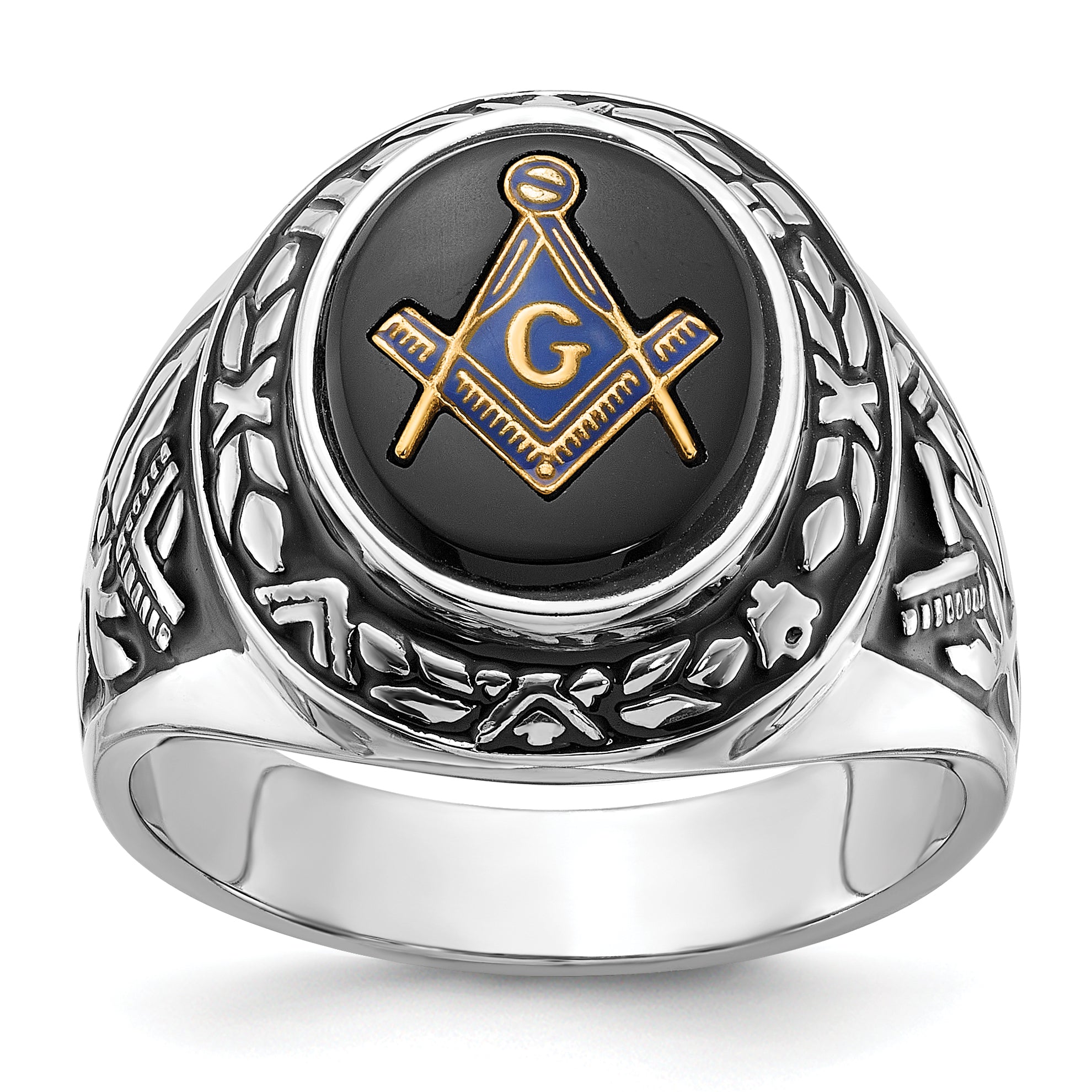 14k White Gold Men's Polished, Antiqued and Textured with Oval Onyx Masonic Ring Main image