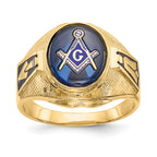 14k Men's Polished, Antiqued and Textured with Synthetic Blue Spinel Masonic Ring