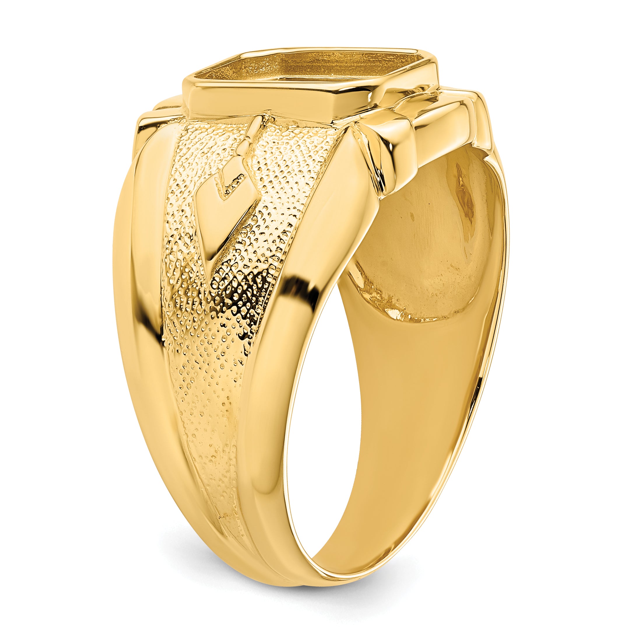 14k Men's Polished and Textured Masonic Ring Mounting (No Stone Included)