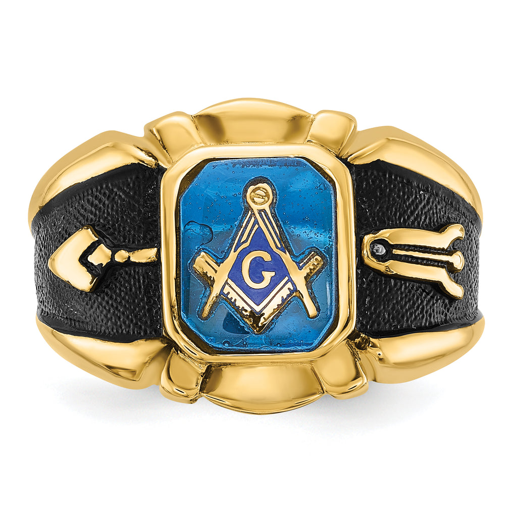 14k Men's Polished, Antiqued and Textured with Imitation Blue Spinel Masonic Ring