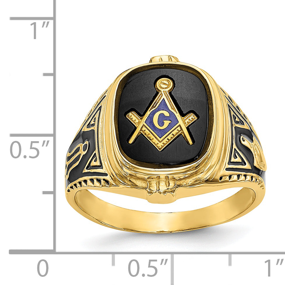 14k Men's Polished, Antiqued and Textured with Onyx Masonic Ring