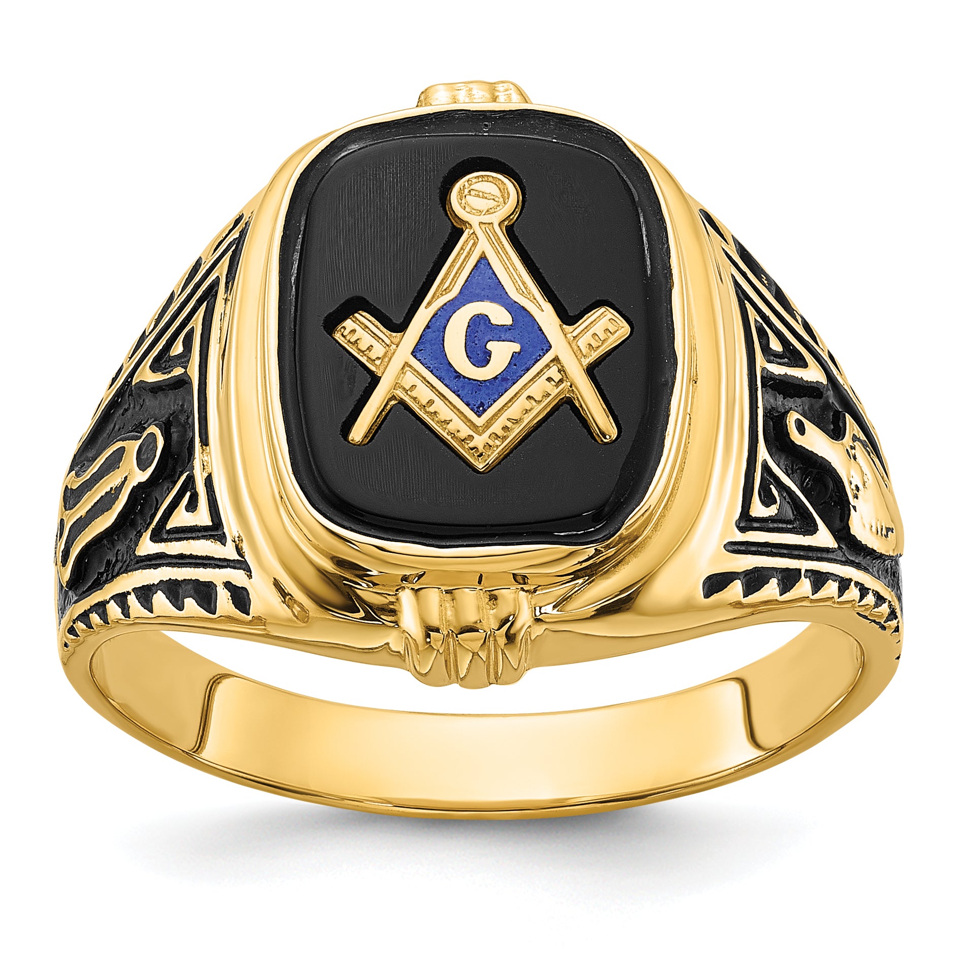 14k Men's Polished, Antiqued and Textured with Onyx Masonic Ring Main image