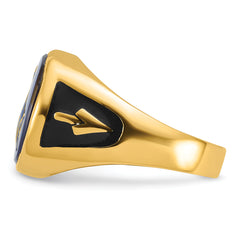 14k Men's Polished and Textured with Black Enamel and Imitation Blue Spinel Masonic Ring