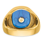 14k Men's Polished and Textured with Black Enamel and Imitation Blue Spinel Masonic Ring