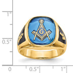 14k Men's Polished and Textured with Black Enamel and Imitation Blue Spinel Masonic Ring