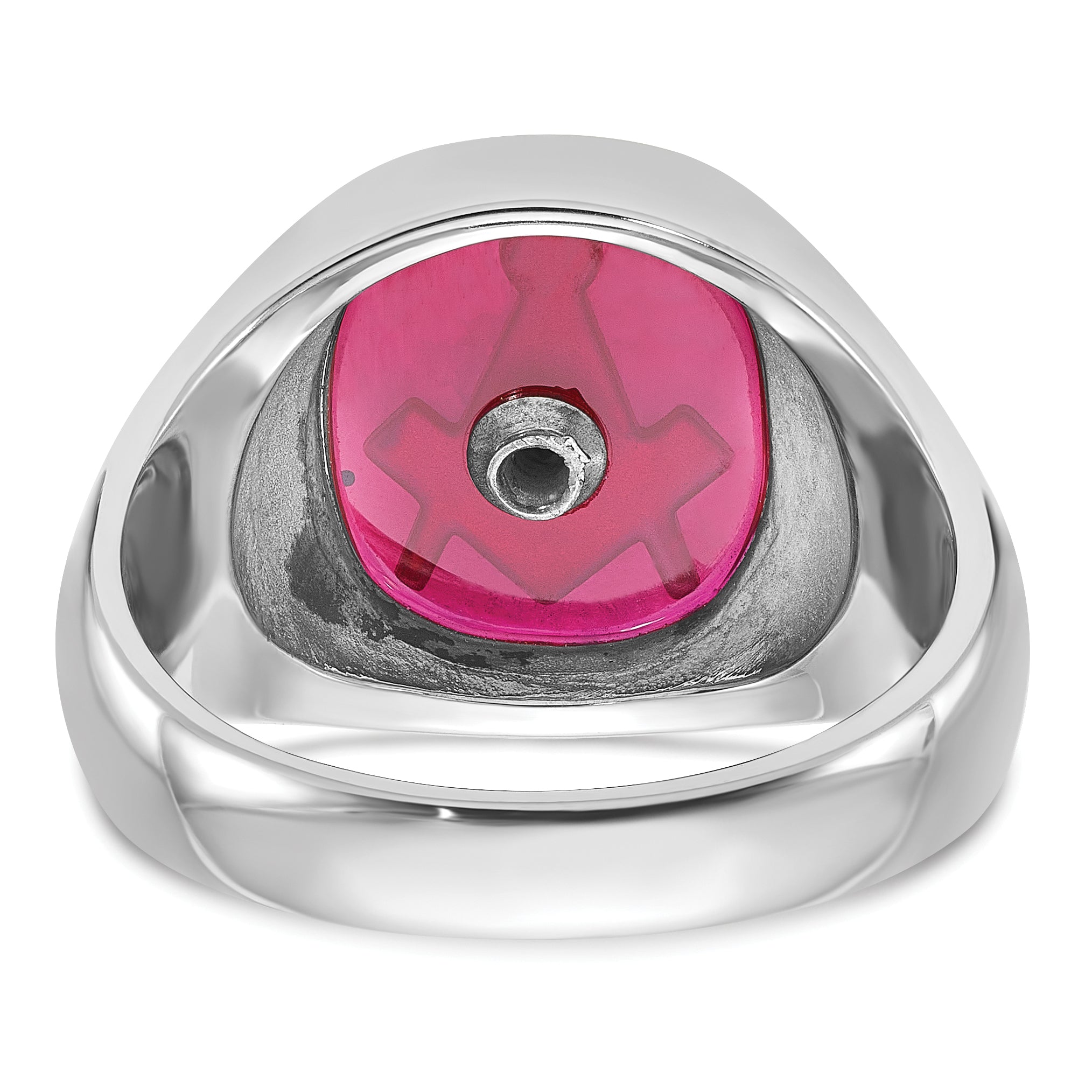 14k White Gold Men's Polished and Textured with Black Enamel and Lab Created Ruby Masonic Ring