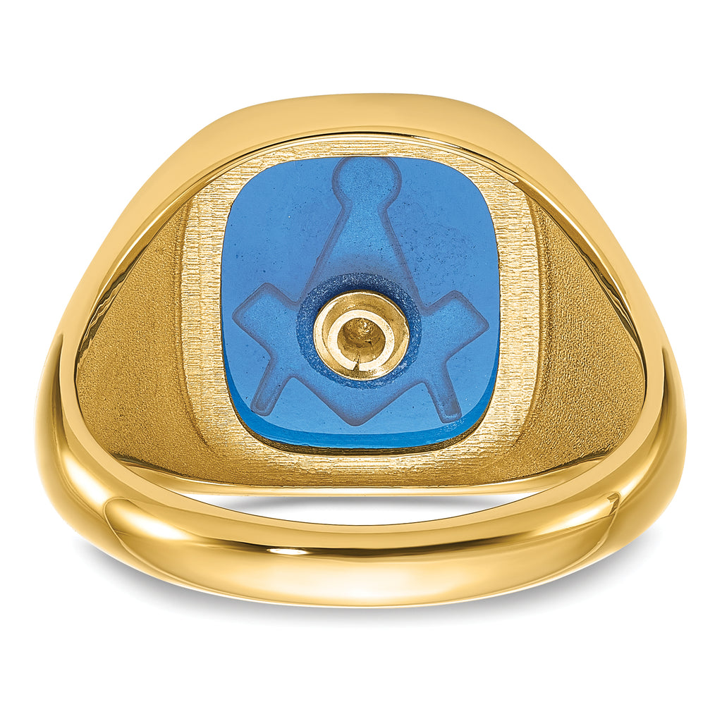 14k Men's Polished, Antiqued and Textured with Imitation Blue Spinel Masonic Ring