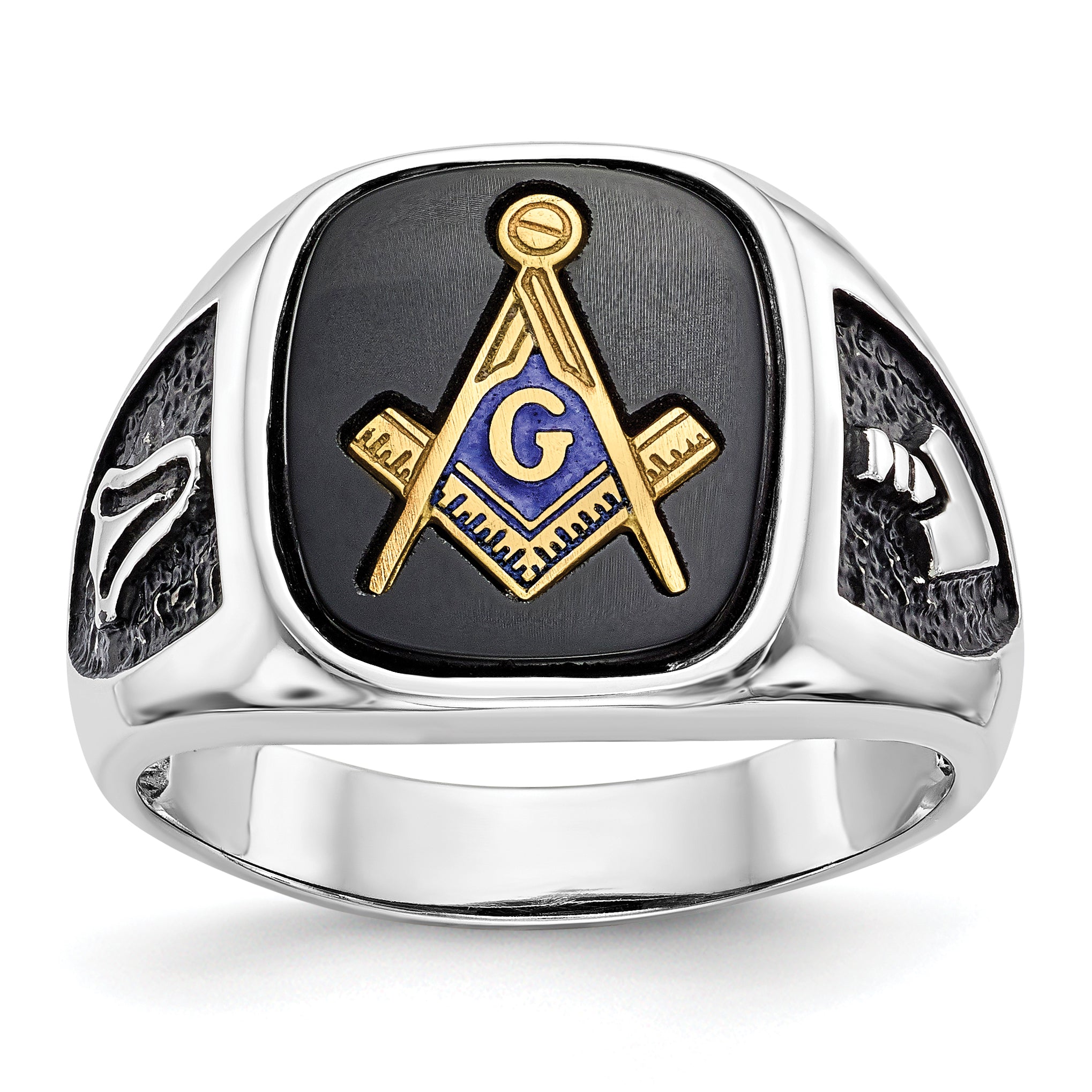 14k White Gold and Gold-plated Polished and Textured with Black Enamel and Onyx Masonic Ring Main image